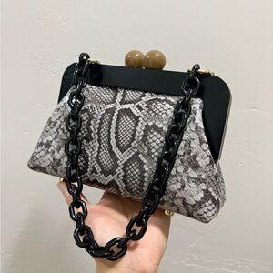 Snake Embossed Leather Handmade Wooden Frame Clutch, Wristlet, Crossbody Bag